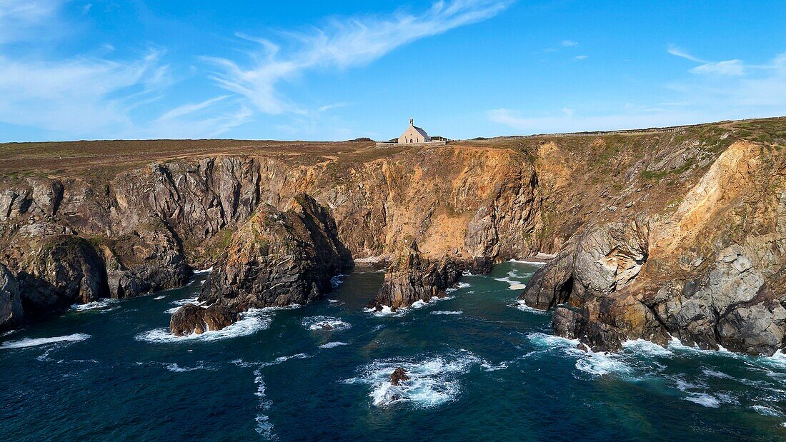 France, Finistere, Iroise sea, Baie des Trépassés, Cleden-Cap-Sizun, Pointe du Van, Saint They chapel (aerial view)\n