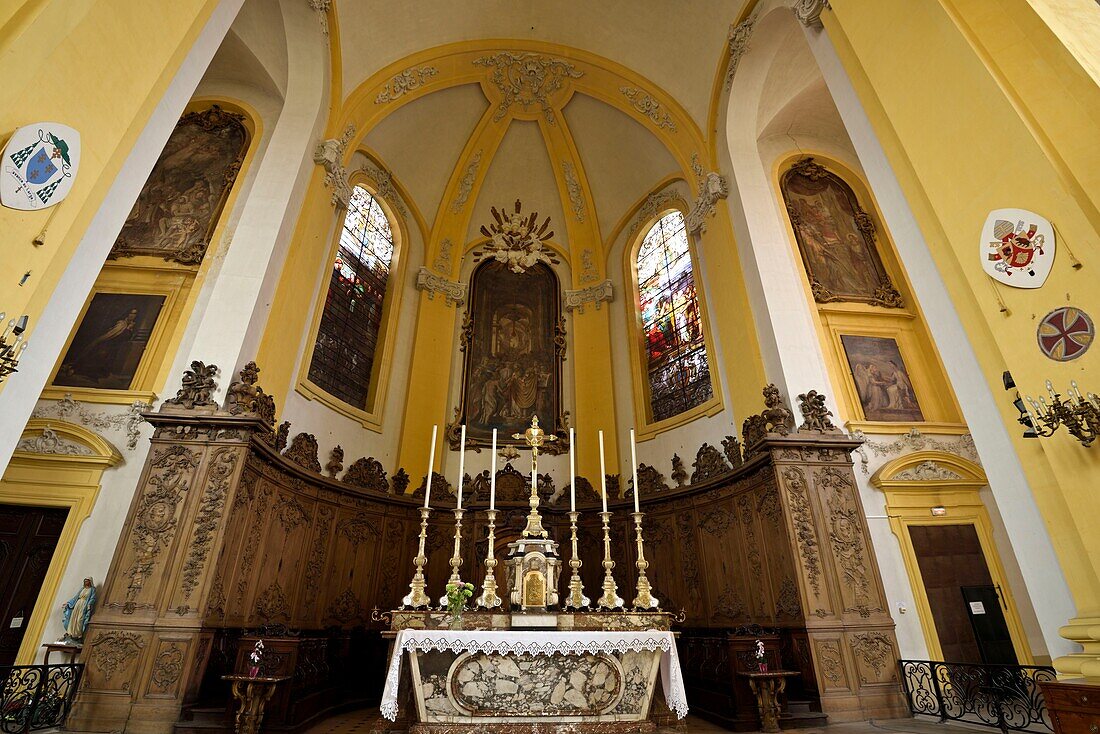 France, Meurthe et Moselle, Luneville, Place Saint Remy, Saint Jacques church dated 18th century, chor, high altar, stalls\n