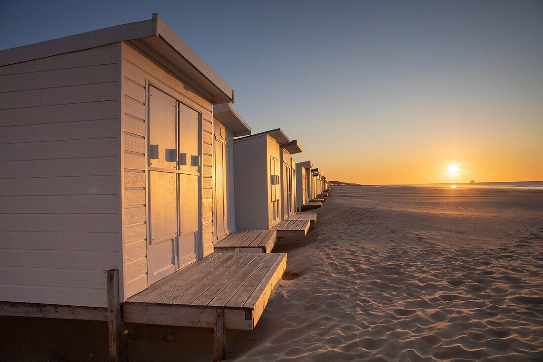 France, Pas de Calais, Calais, beach huts also known cabins at sunset\n