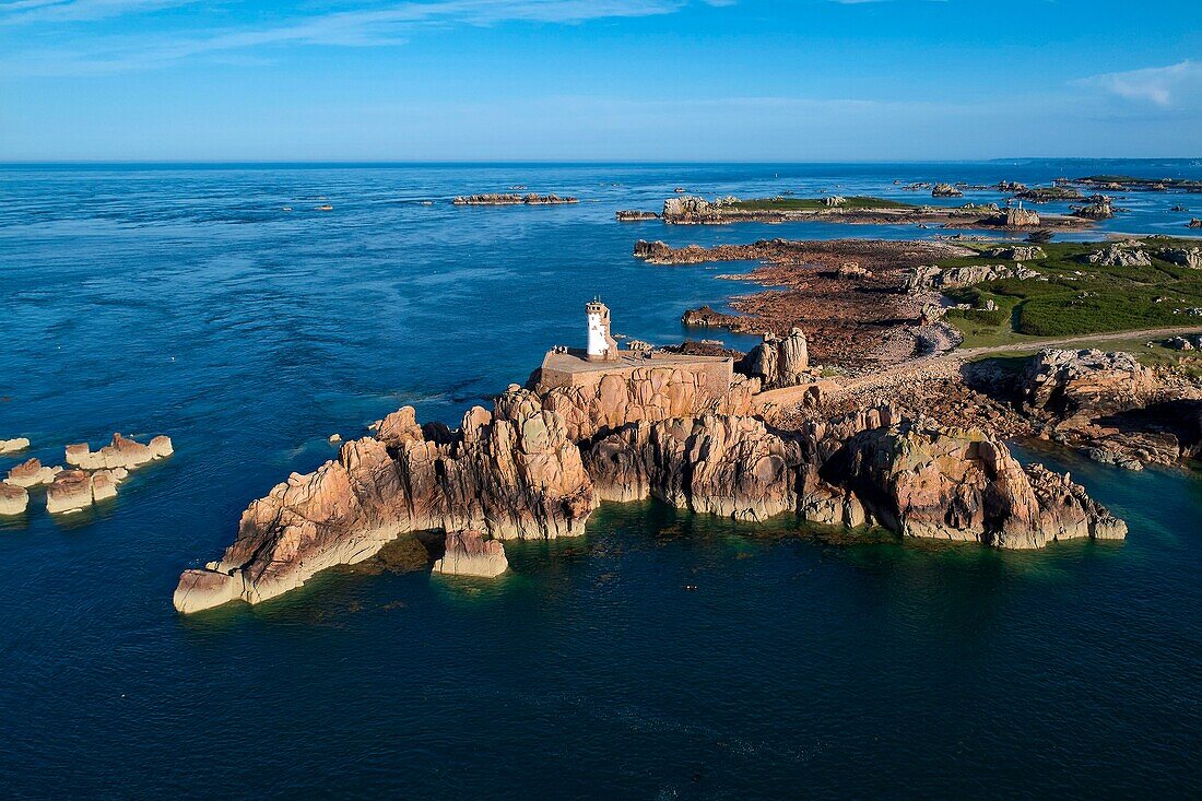 France, Cotes d'Armor, ile de Brehat, lighthouse at Pointe du Paon (aerial view)\n