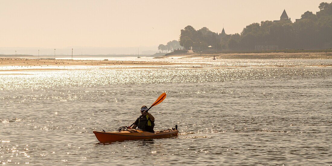 France, Somme, Somme Bay, Saint-Valery-sur-Somme, Cape Hornu, Kayak on the channel of the Somme\n