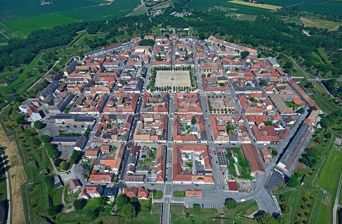 France, Haut-Rhin, Neuf-Brisach, city fortified by Vauban and listed as World Heritage by UNESCO (aerial view)\n