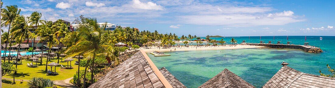 France, Caribbean, Lesser Antilles, Guadeloupe, Grande-Terre, Le Gosier, Hotel Creole Beach, panoramic view on the beach and the lagoon\n