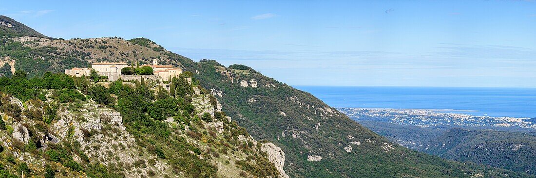 France, Alpes Maritimes, Parc Naturel Regional des Prealpes d'Azur, Gourdon, labeled Les Plus Beaux Villages de France, panorama on the coast of Nice in Cagnes sur Mer\n