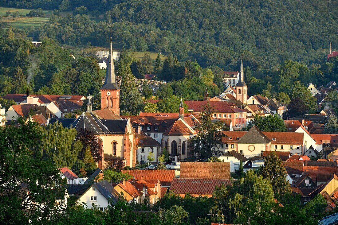 Frankreich, Bas Rhin, Niederbronn les Bains, Panorama mit Kirchen St. Martin und St. Johannes