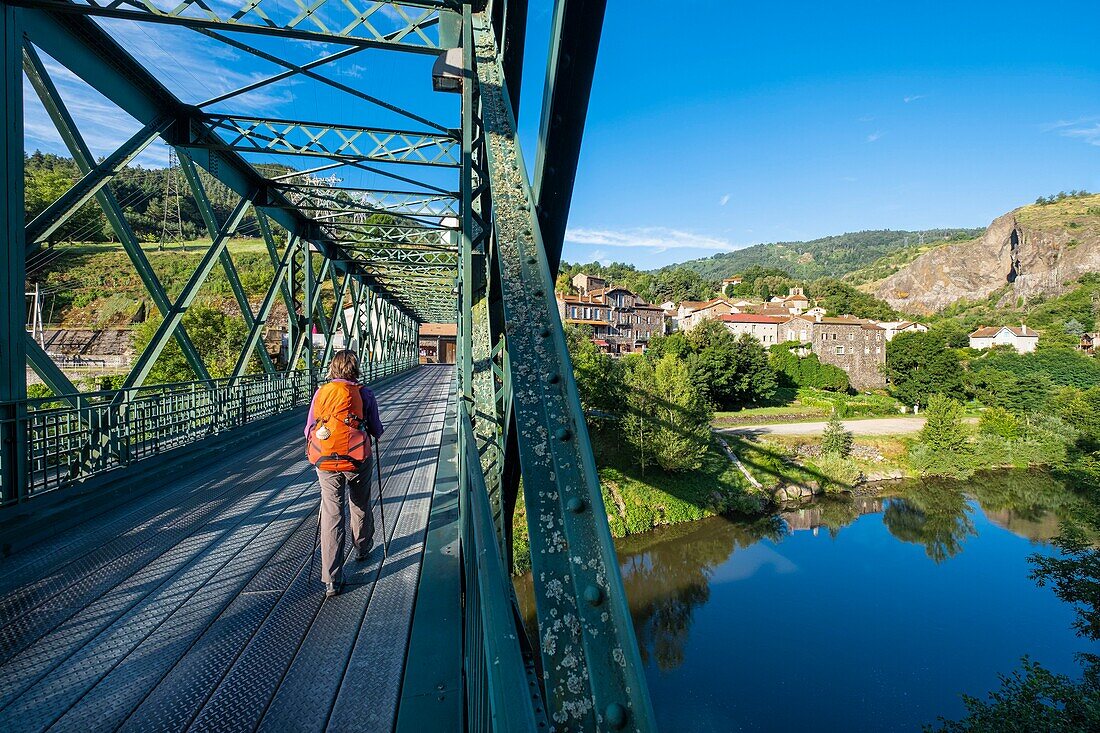 France, Haute-Loire, Monistrol d'Allier, hike on Via Podiensis, one of the French pilgrim routes to Santiago de Compostela or GR 65, Eiffel bridge over Allier river built by Gustave Eiffel in 1888\n