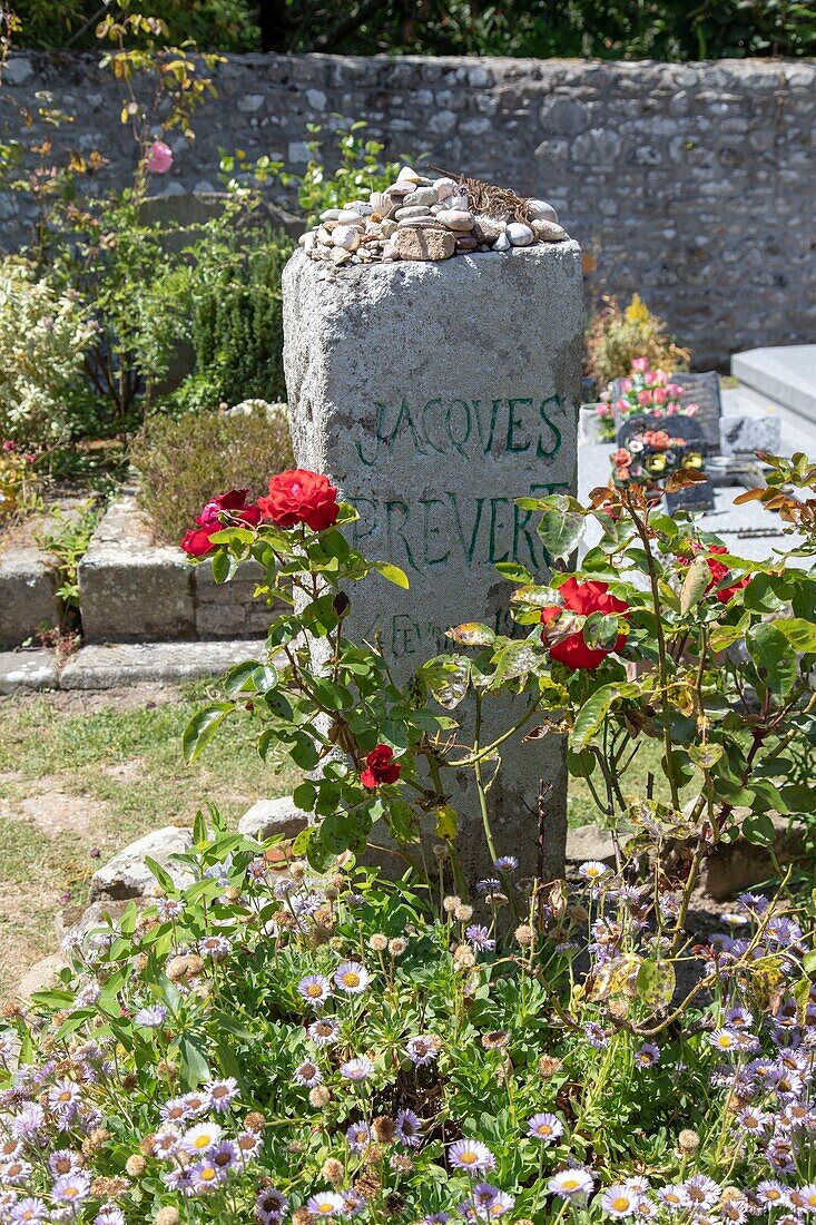 Frankreich, Manche, Cotentin, La Hague, Omonville la Petite, Grab des französischen Dichters Jacques Prevert