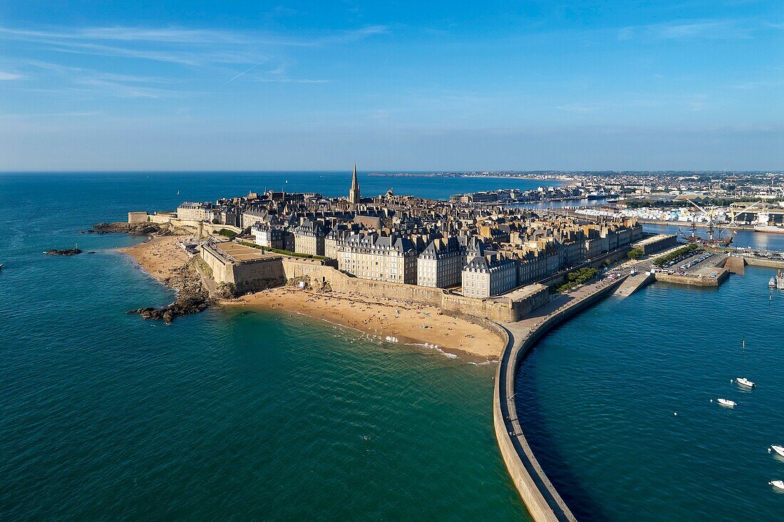France, Ille et Vilaine, Cote d'Emeraude (Emerald Coast), Saint Malo, the walled city and the Mole des Noires (blackwomen's pier) (aerial view)\n