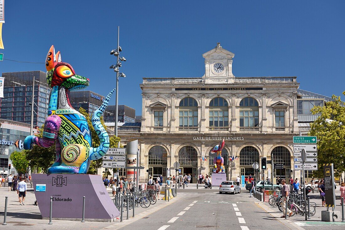 France, Nord, Lille, Faidherbe street and Lille Flandres station, statue of the temporary exhibition Eldorado as part of Lille 3000\n