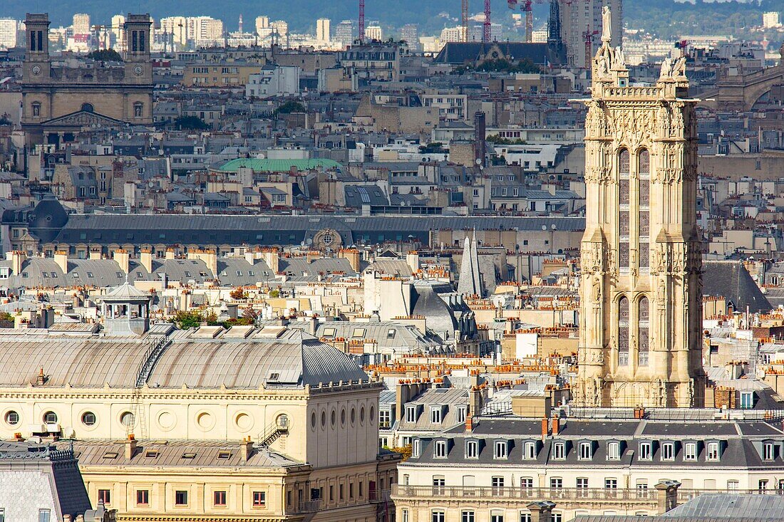 France, Paris, 4th arrondissement, the rooftops of Paris and the Saint Jacques Tower\n