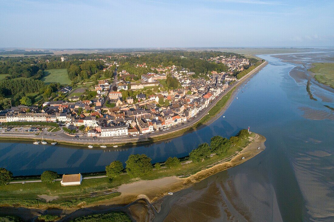 France, Somme, Baie de Somme, Saint Valery sur Somme, mouth of the Somme in the bay (aerial view)\n