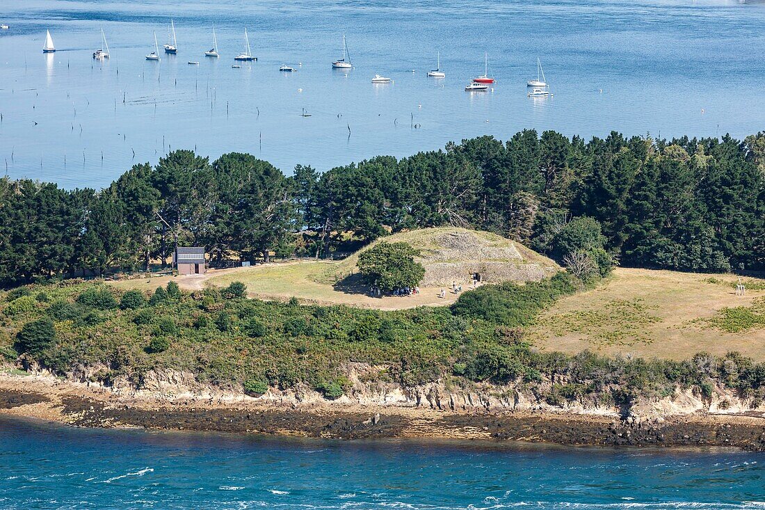 France, Morbihan, Gulf of Morbihan, Gavrinis island tumulus (aerial view)\n