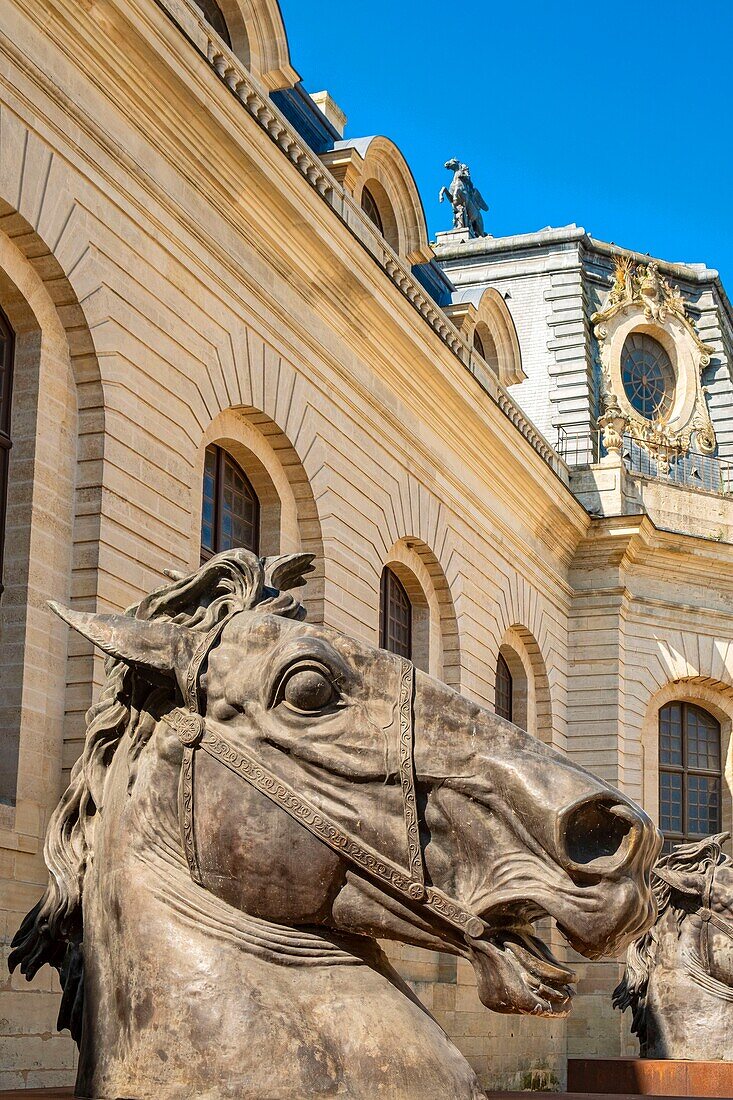 France, Oise, Chantilly, Chantilly Castle, the Great Stables, giant bust of horse in the carousel\n