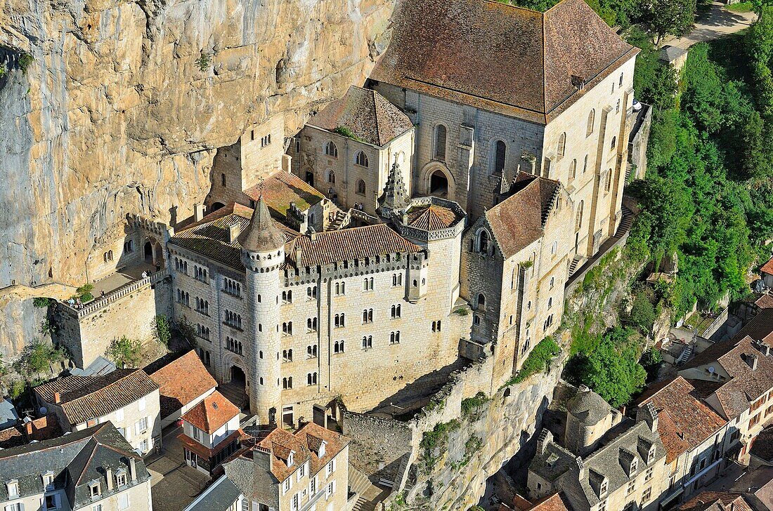 France, Lot, Haut Quercy, Rocamadour, a stop on el Camino de Santiago (aerial view)\n
