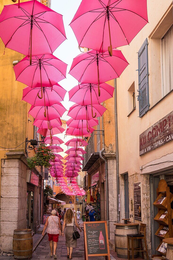 Frankreich, Alpes-Maritimes, Grasse, historisches Zentrum, rosa Sonnenschirme in der Straße Dominique Conte