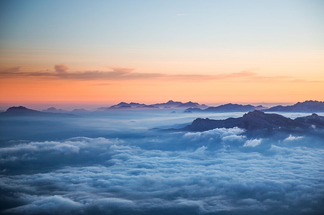 France, Haute Savoie, Chamonix Mont Blanc, French Alps at sunrise\n
