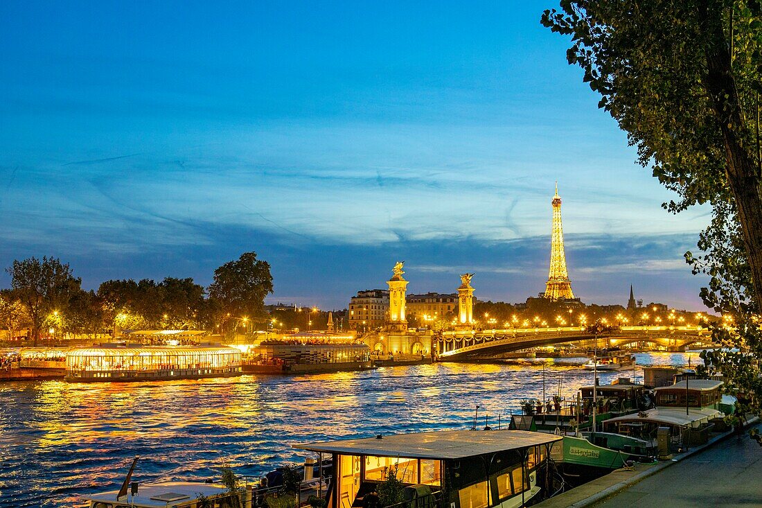 France, Paris, area listed as World Heritage by UNESCO, Rosa Bonheur barge, Alexandre III bridge and the Eiffel Tower\n