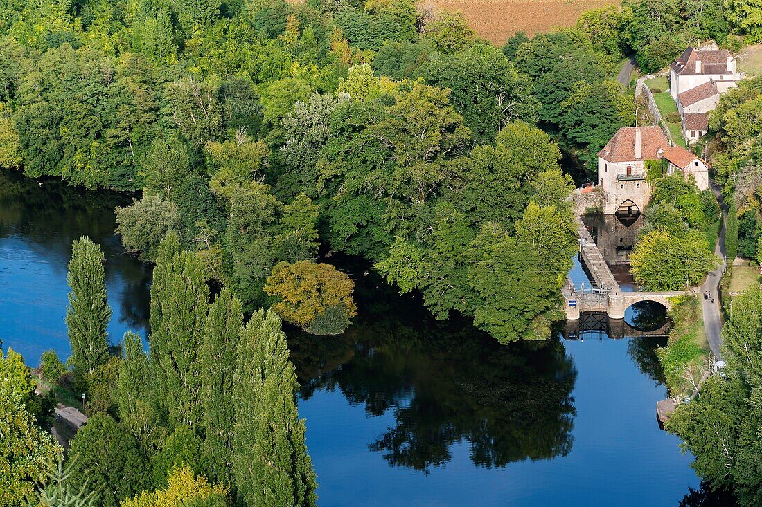 France, Lot, Geopark of Quercy, view from Saint-Cirq Lapopie on Lot river, valley and water lock\n