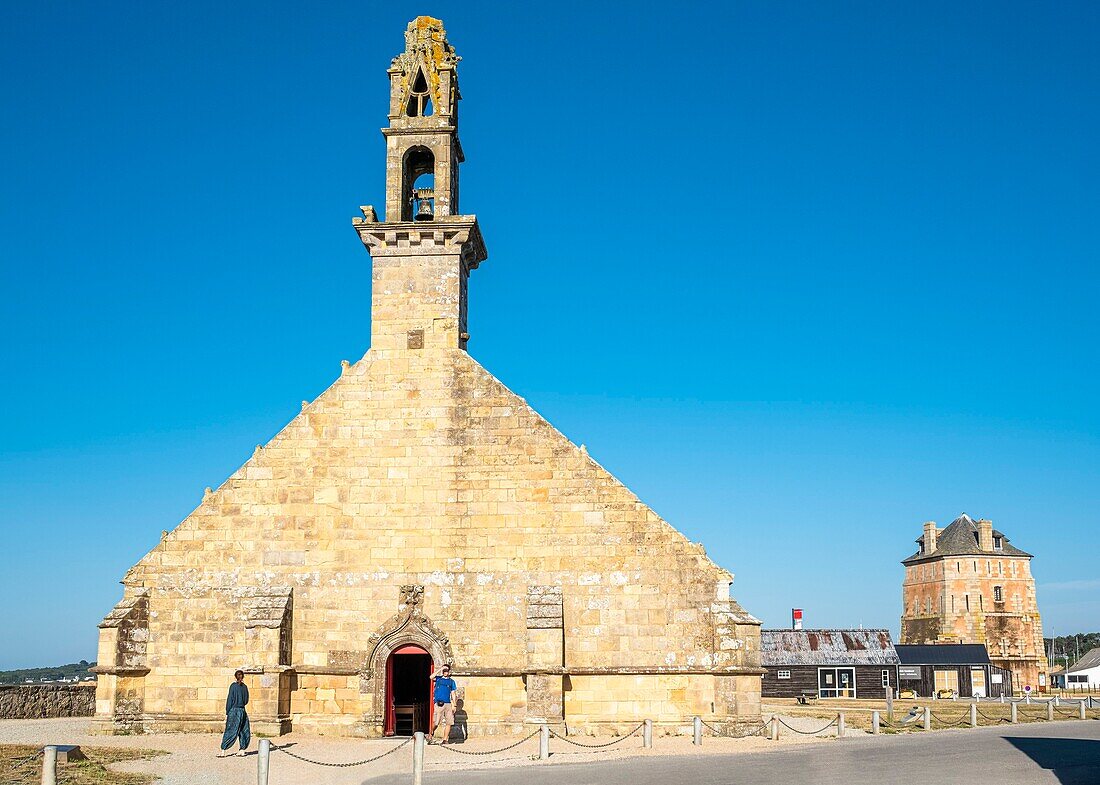 France, Finistere, Armorica Regional Natural Park, Crozon Peninsula, Camaret-sur-Mer, Notre-Dame de Rocamadour chapel and Vauban tower, a UNESCO World Heritage site\n