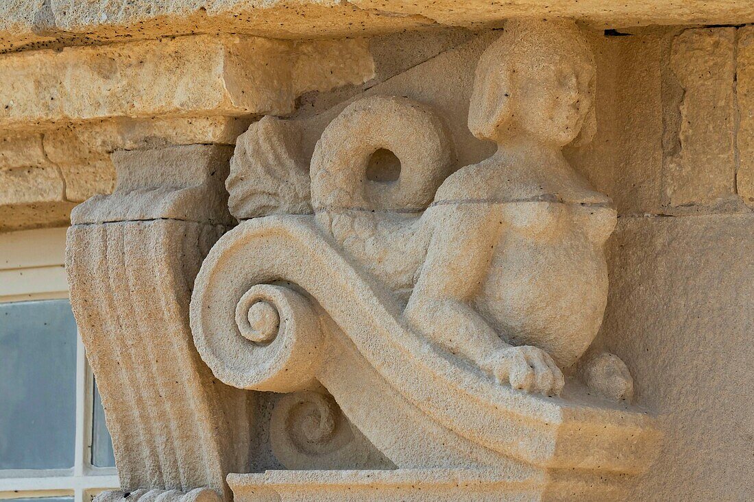 France, Gironde, Verdon-sur-Mer, rocky plateau of Cordouan, lighthouse of Cordouan, classified Historical Monuments, masonry detail, mascaron\n