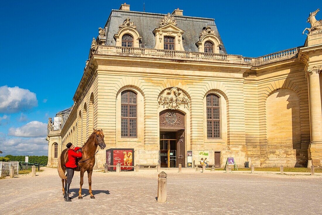 France, Oise, Chantilly, Chateau de Chantilly, the Grandes Ecuries (Great Stables), in front of the entrance Clara prepares his horse\n