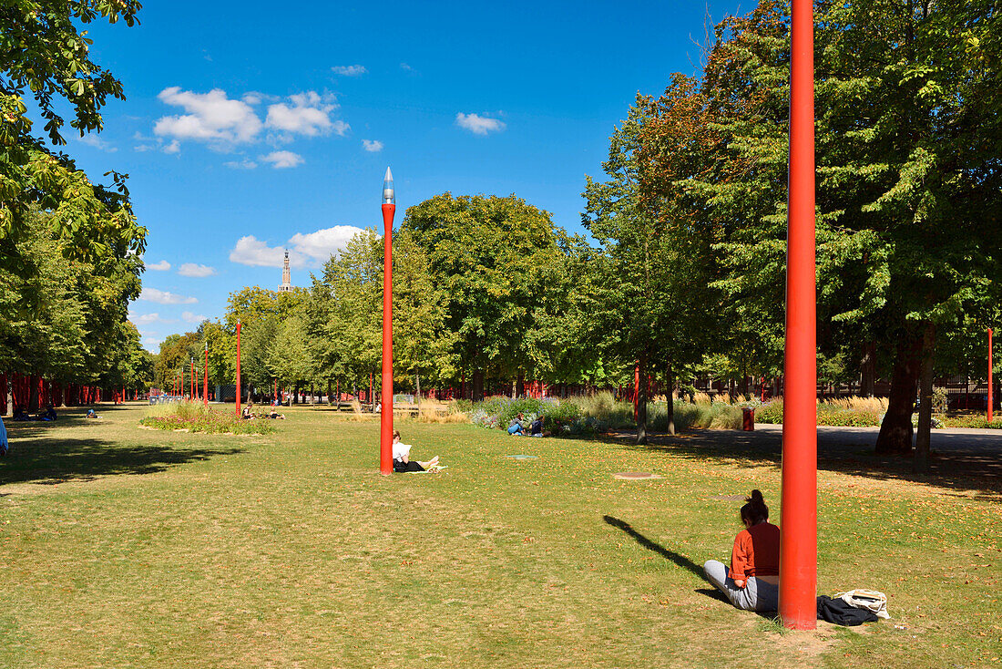 France, Nord, Lille, Jean Baptiste Lebas Park with characteristic red grills with its red lampposts\n