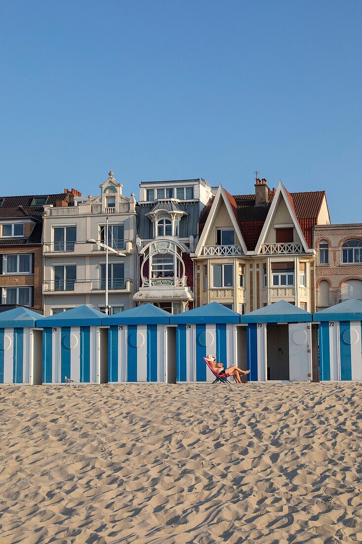 France, Nord, Malo les bains, beach huts and facades of villas waterfront\n