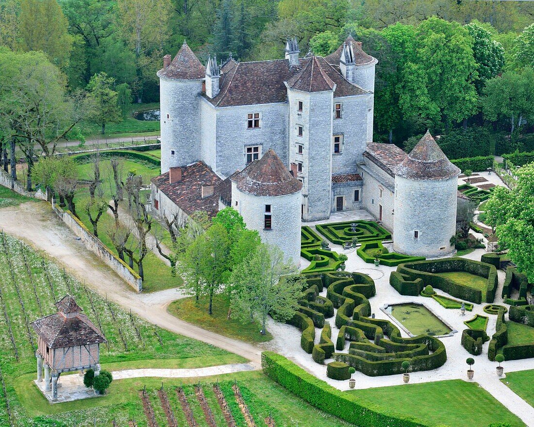 France, Lot, Caillac, Lagrezette castle where a wine of Cahors is produced and its dovecote (aerial view)\n