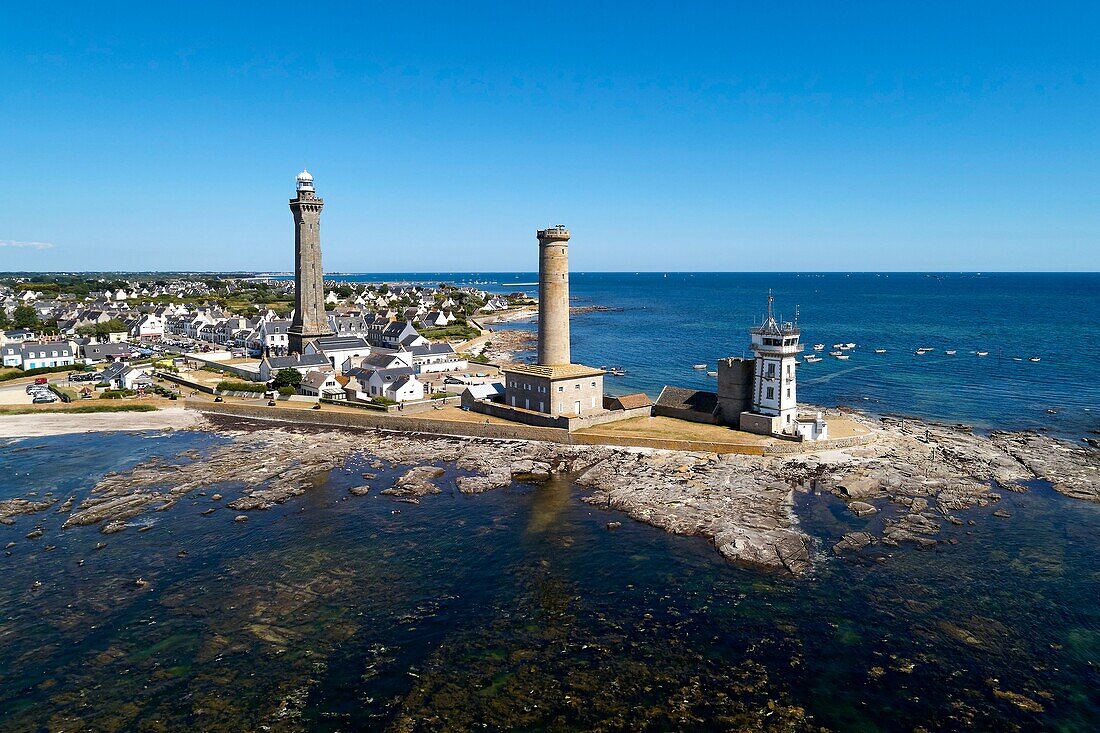 France, Finistere, Penmarch, Pointe de Penmarc'h, Eckmuhl Lighthouse, former lighthouse and semaphore (aerial view)\n