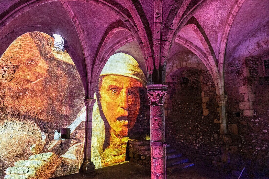 France, Loiret, Meung sur Loire, Meung sur Loire Castle, from the 12th Century, listed historic monument since 1988, castle dungeon, light projection\n