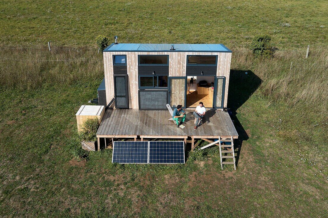 France, Finistere, Concarneau, experimentation of low-tech solutions in a tiny-house, two engineers (Pierre-Alain Leveque and Clement Chabot) built and live in a tiny-house (trailer-mounted micro-house) for test low-tech solutions (aerial view)\n