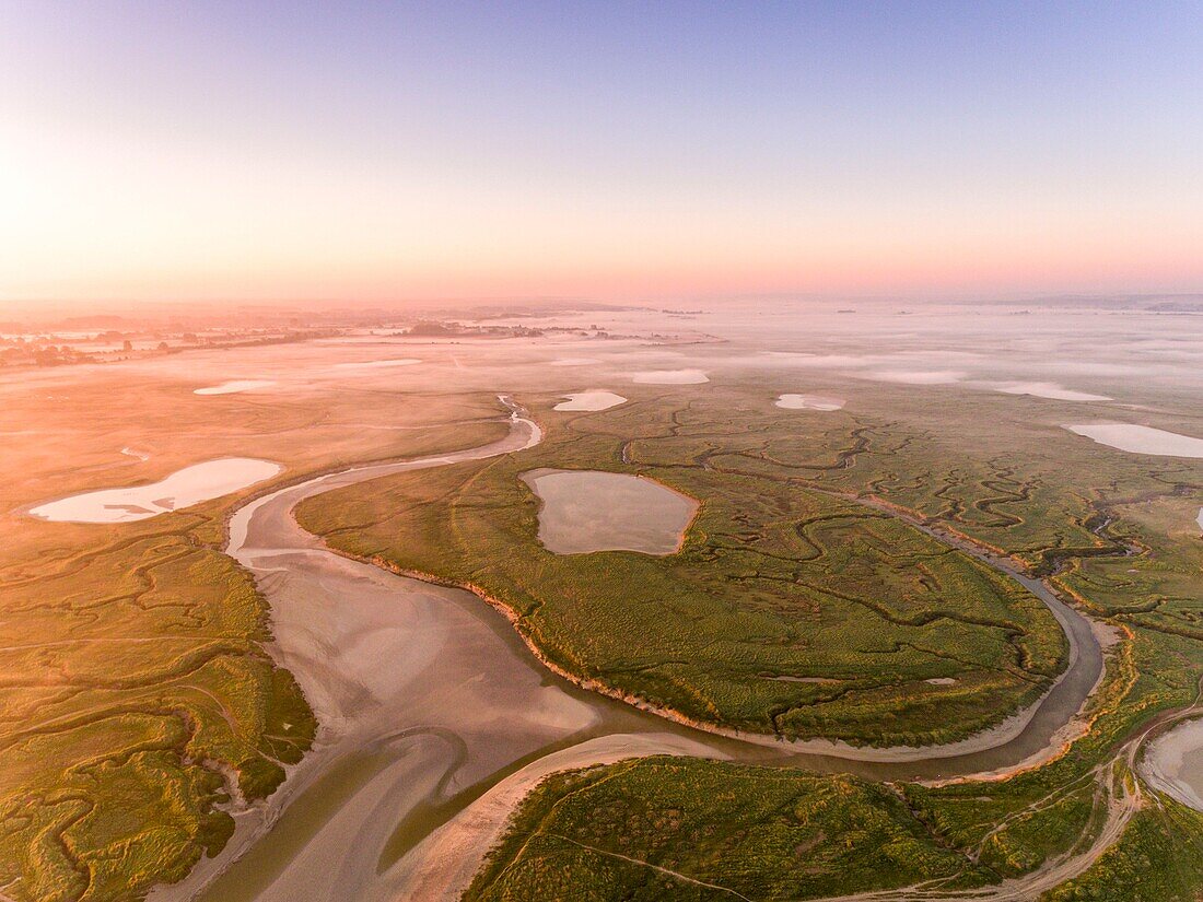 France, Somme, Bay of Somme, Noyelles-sur-mer, the salted meadows of the Bay of the Somme in the early morning with the channels and ponds of hunting huts, a little mist (aerial view)\n