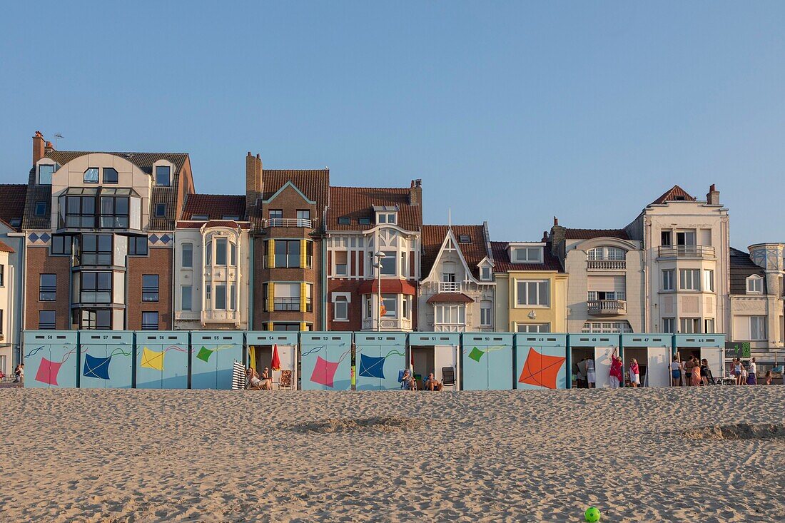 France, Nord, Malo les bains, beach huts and facades of villas waterfront\n