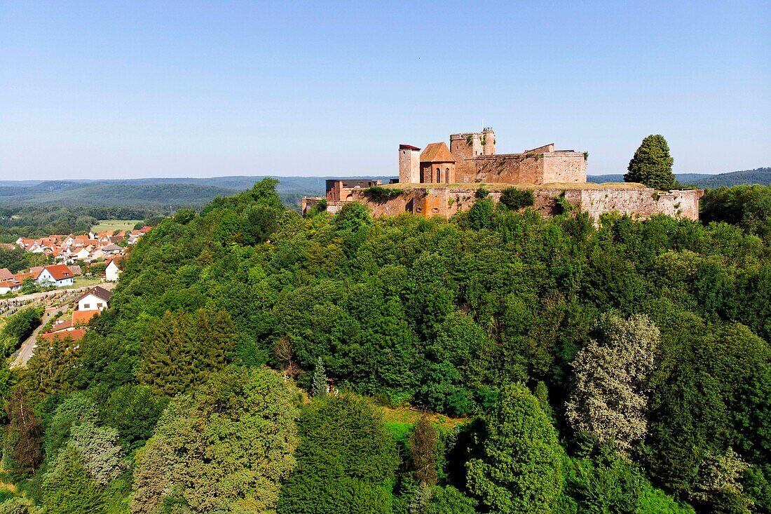 France, Bas Rhin, Parc Naturel Regional des Vosges du Nord (Northern Vosges Regional Natural Park), Lichtenberg, the 14th and 16th century castle (aerial view)\n