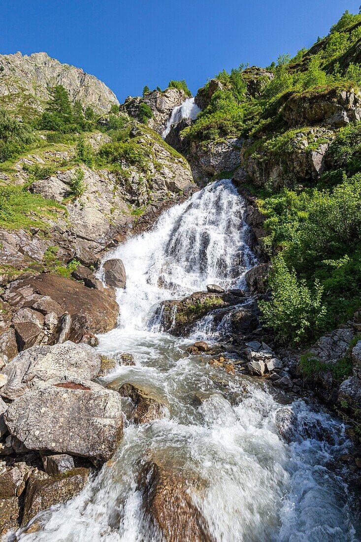 France, Hautes Alpes, Ecrins National Park, Champsaur Valley, Drac Valley of Champoléon, on the GR country trail Tour du Vieux Chaillol, the Prelles waterfall\n