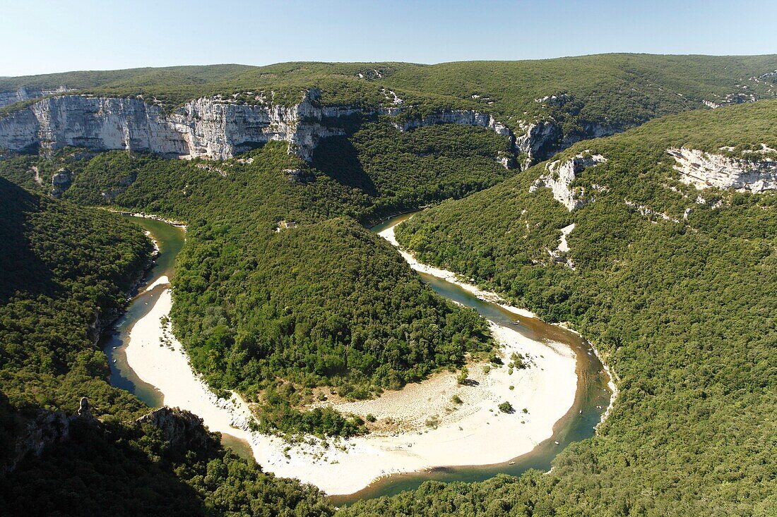 France, Ardeche, Ardeche Gorges National Natural Reserve, Sauze, view on the Ardeche canyon seen from the Ardeche Canyon touristic road (D290) between Vallon Pont d'Arc and Saint-Martin d'Ardeche\n