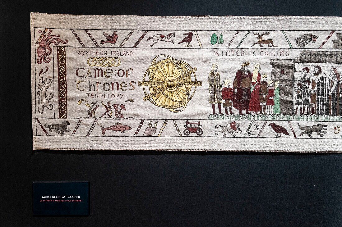 France, Calvados, Bayeux, inauguration of the Game of Throne Tapestry more than 80 meters long in Hotel du Doyen heritage building, begining of tapestry , the scenes of the Bayeux Tapestry are embroidered with woollen threads on a linen canvas\n
