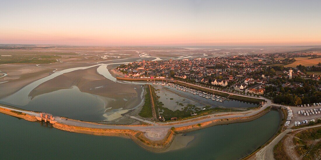 France, Somme, Somme Bay, Le Crotoy and the bay at low tide in the early morning (aerial view)\n