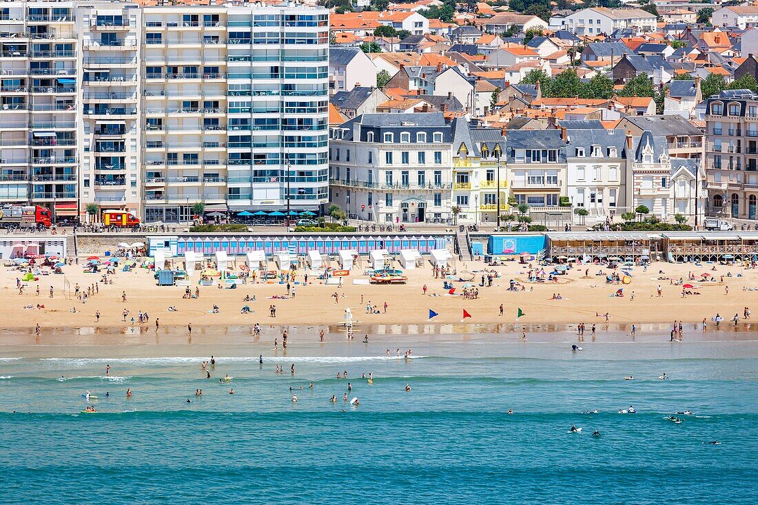 France, Vendee, Les Sables d'Olonne, the beach in summer (aerial view)\n