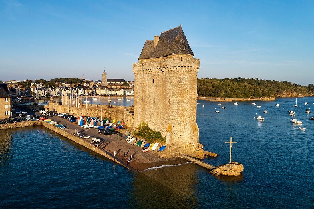 France, Ille et Vilaine, Cote d'Emeraude (Emerald Coast), Saint Malo, Saint Servan District, harbour and Tour Solidor, the tower built in 1382 sheletrs the Musee International du Long Cours Cap Hornier (International Museum of Cape Horner for long-haul sailing) (aerial view)\n