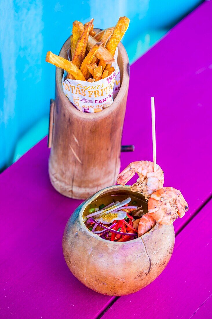 France, Caribbean, Lesser Antilles, Guadeloupe, Grande-Terre, Sainte Anne, Preparation of a vegan meal at SoopaSoup\n