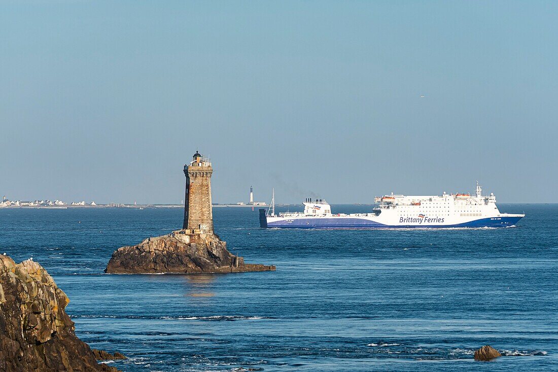 France, Finistere, Plogoff, Brittany Ferries at the Pointe du Raz, La Vieille lighthouse and Sein island in the background\n