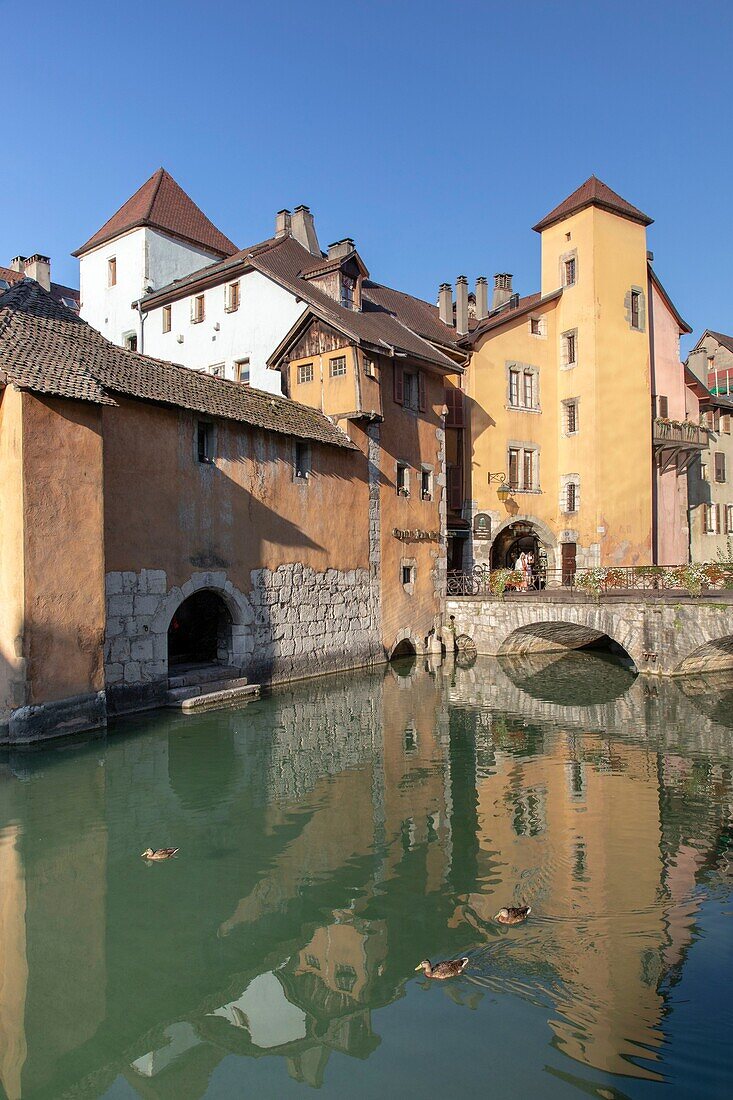 France, Haute Savoie, Annecy, the Thiou canal and the Morens bridge in the old town\n