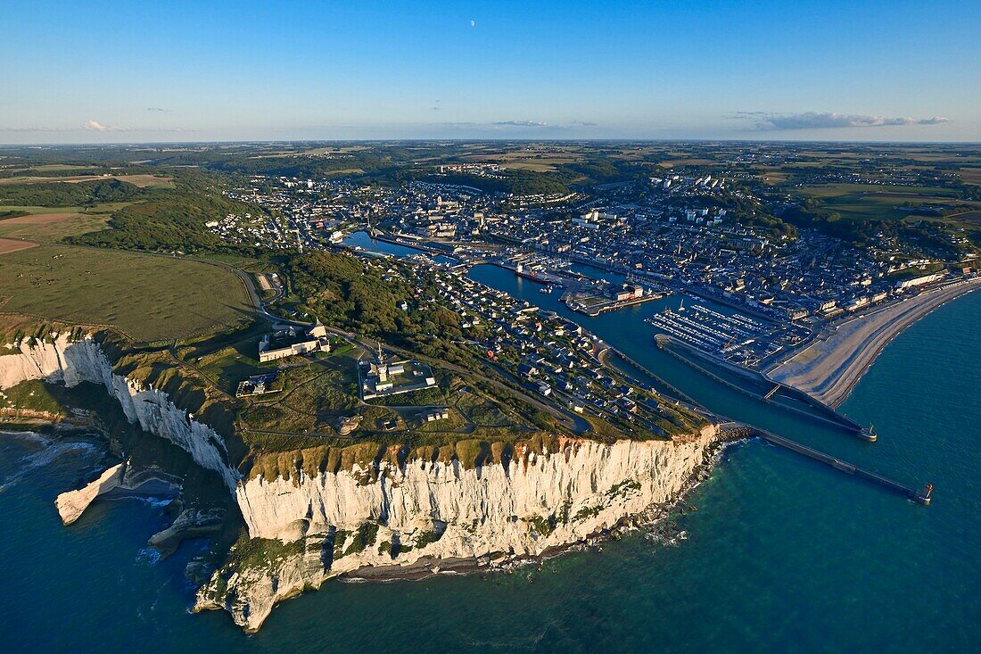 France, Seine-Maritime, Fécamp, the cliffs of cap Fagnet and the city (aerial view)\n