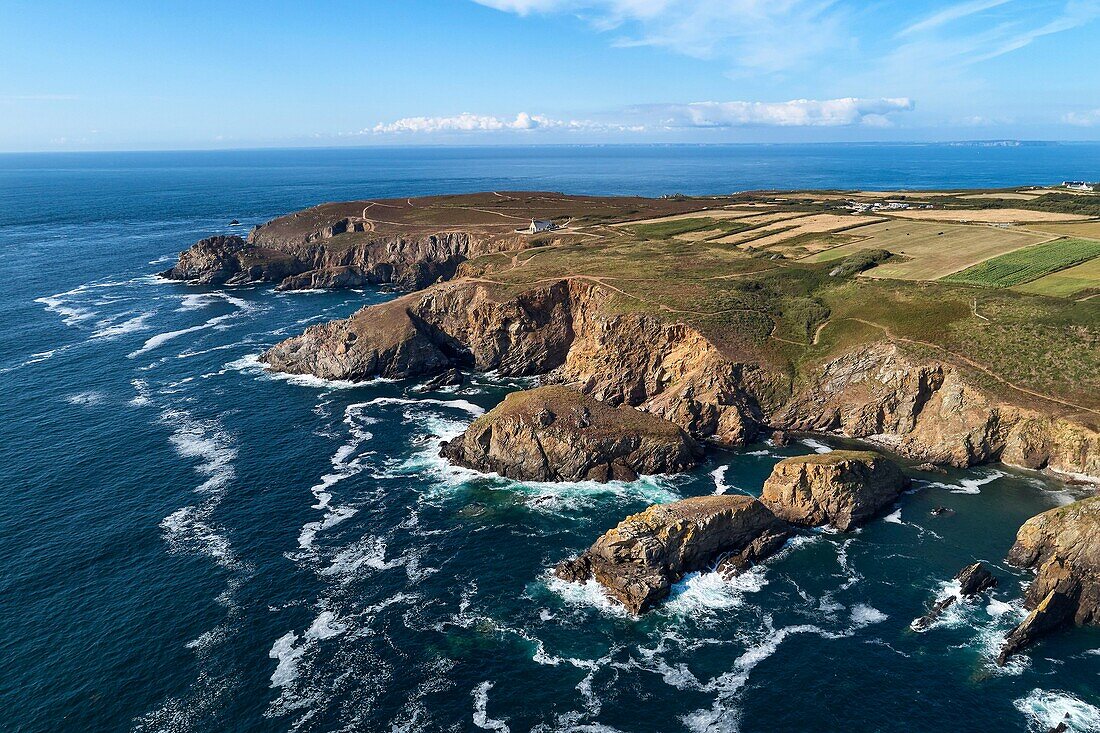 France, Finistere, Iroise sea, Baie des Trépassés, Cleden-Cap-Sizun, Pointe du Van, Saint They chapel (aerial view)\n