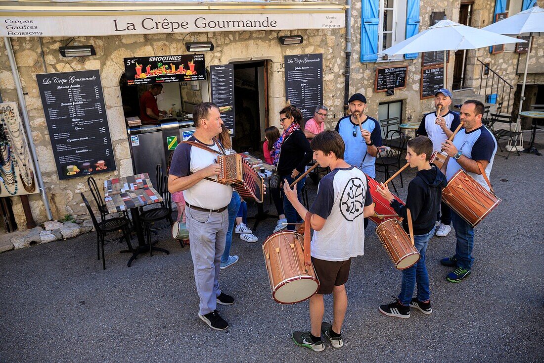 France, Alpes Maritimes, Parc Naturel Regional des Prealpes d'Azur, Gourdon, labeled Les Plus Beaux Villages de France, Farming party of Gorges du Loup, folk regional group\n