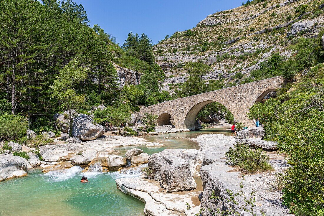 France, Hautes-Alpes, regional natural park of Baronnies provençales, Val Buëch-Méouge, Gorges de la Méouge, romanesque bridge of the fourteenth century\n