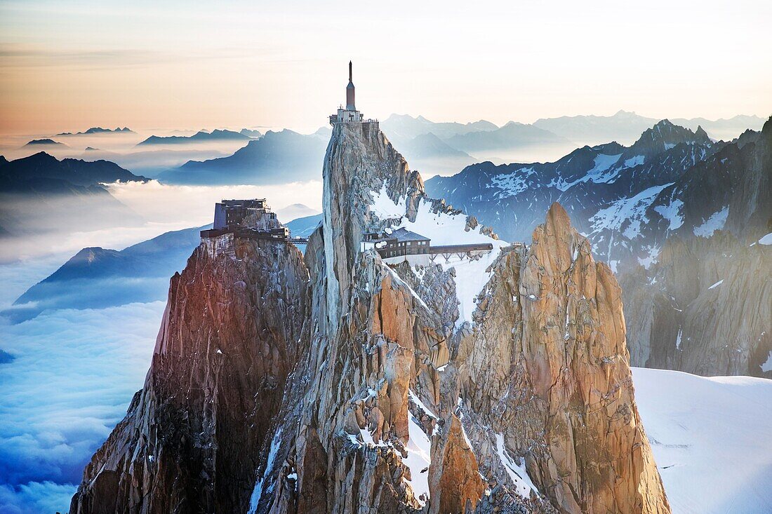 France, Haute Savoie, Chamonix Mont Blanc, Aiguille du Midi (3842m) (aerial view)\n