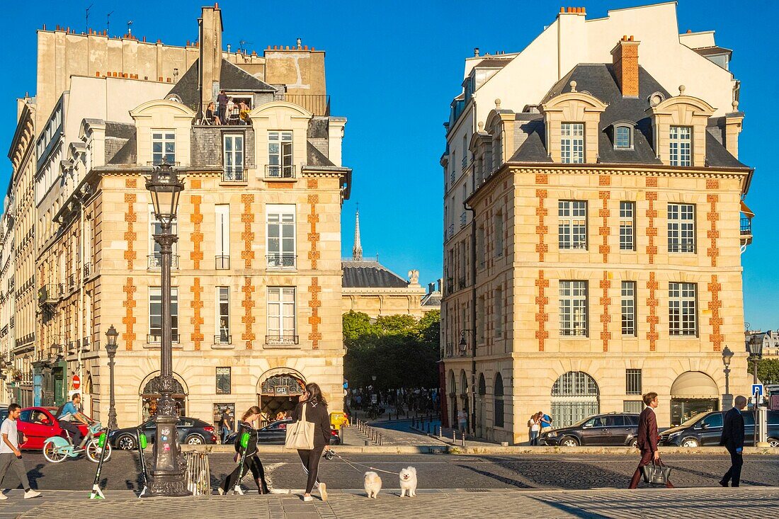 France, Paris, area listed as World Heritage by UNESCO, Ile de la Cite, Place du Pont Neuf, old buildings\n