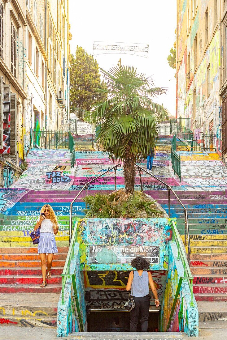 France, Bouches du Rhone, Marseille, the Cours Julien staircase, Street Art with tagg and graffiti\n